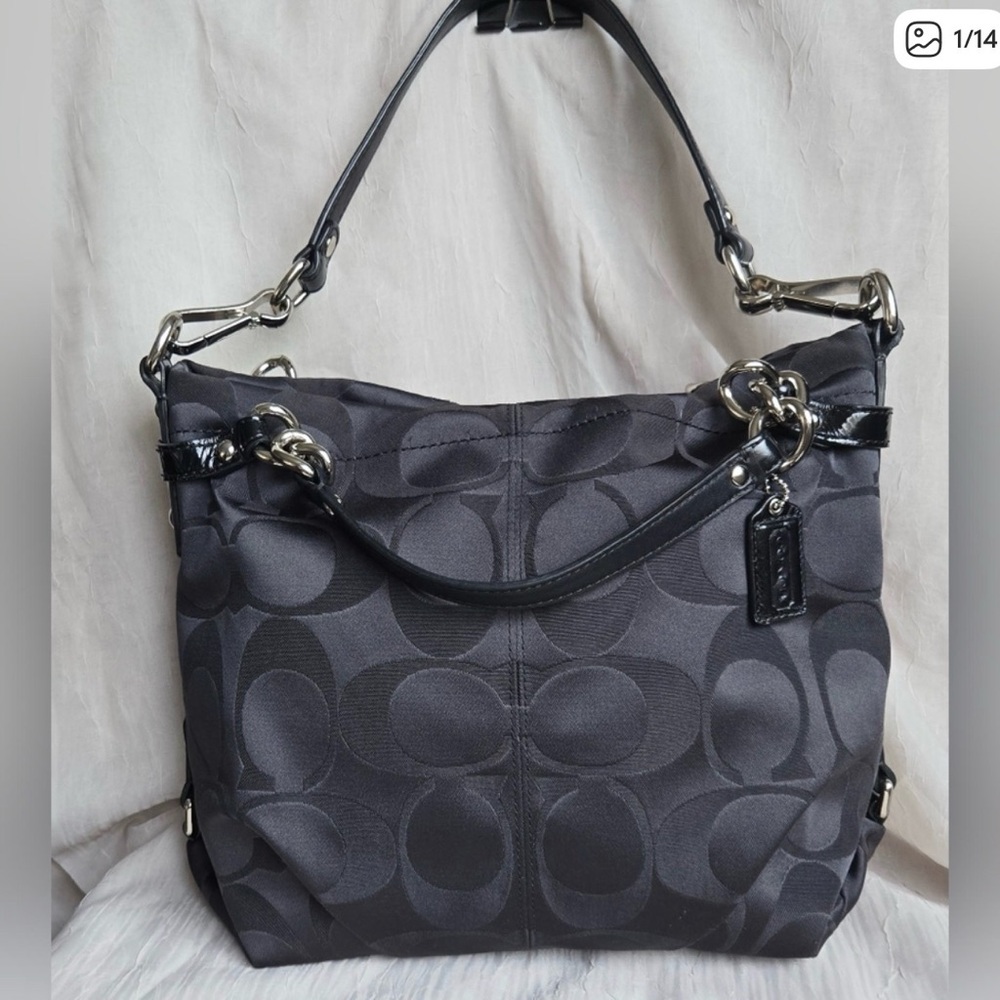 Coach Brooke Black Sateen Signature Shoulder Bag w/ Chain Straps